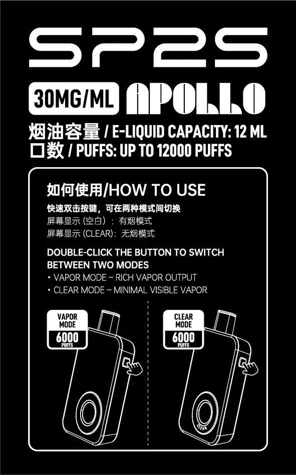 SP2S Apollo 雙模式切換說明：快速雙擊切換 CLEAR 無煙模式，辦公室必備。